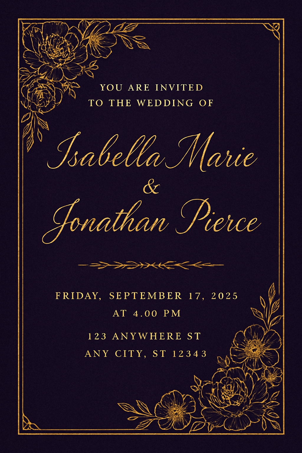 Elegant Navy Blue Wedding Invitation Card with Gold Accents