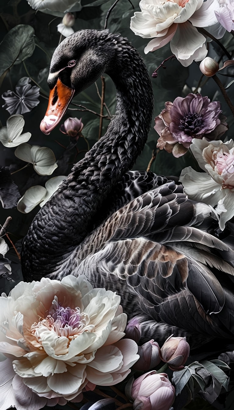 Enchanting Black Swan Surrounded by Flowers Art