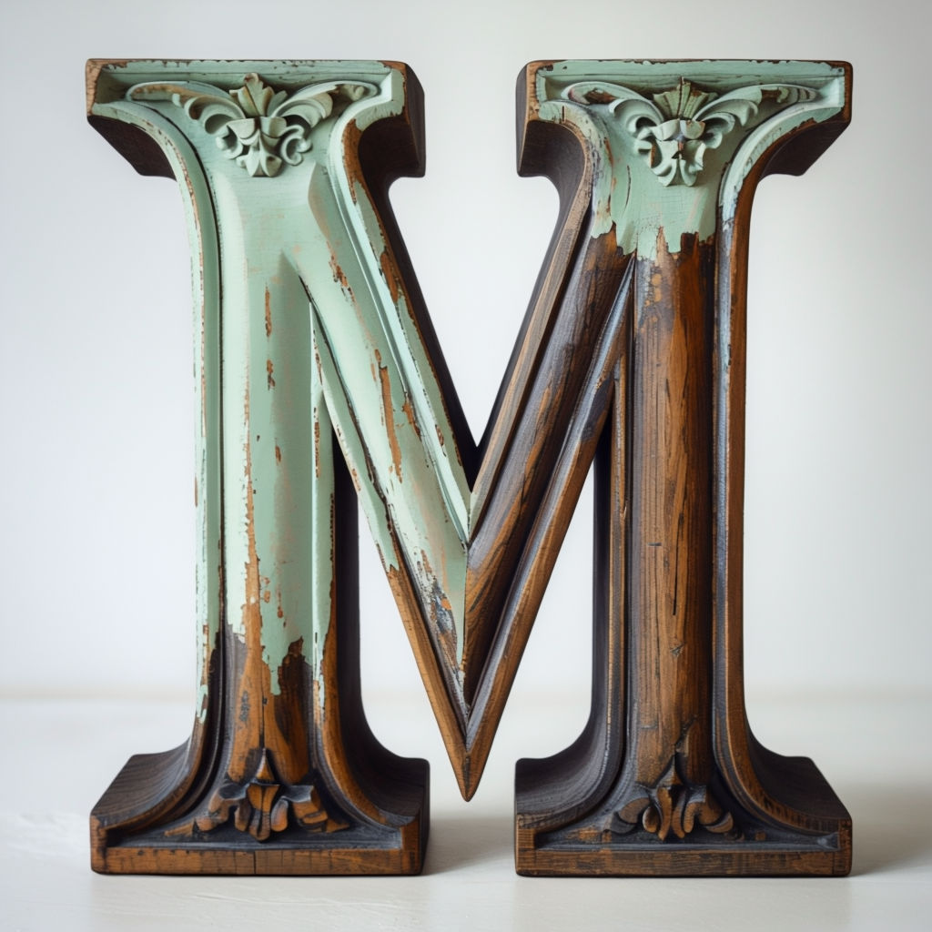 Intricate Three-Dimensional Wooden Letter M Monogram Art