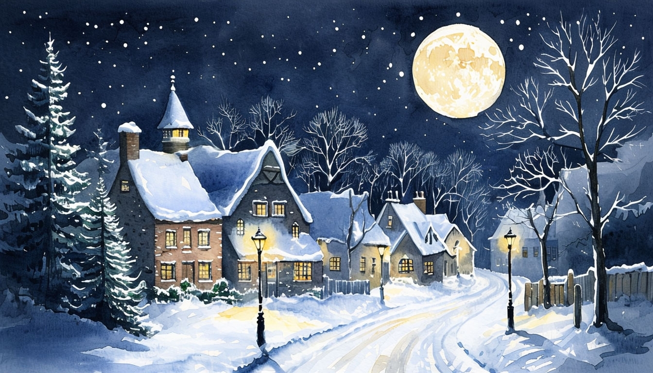 Serene Winter Night Village Watercolor Painting Background