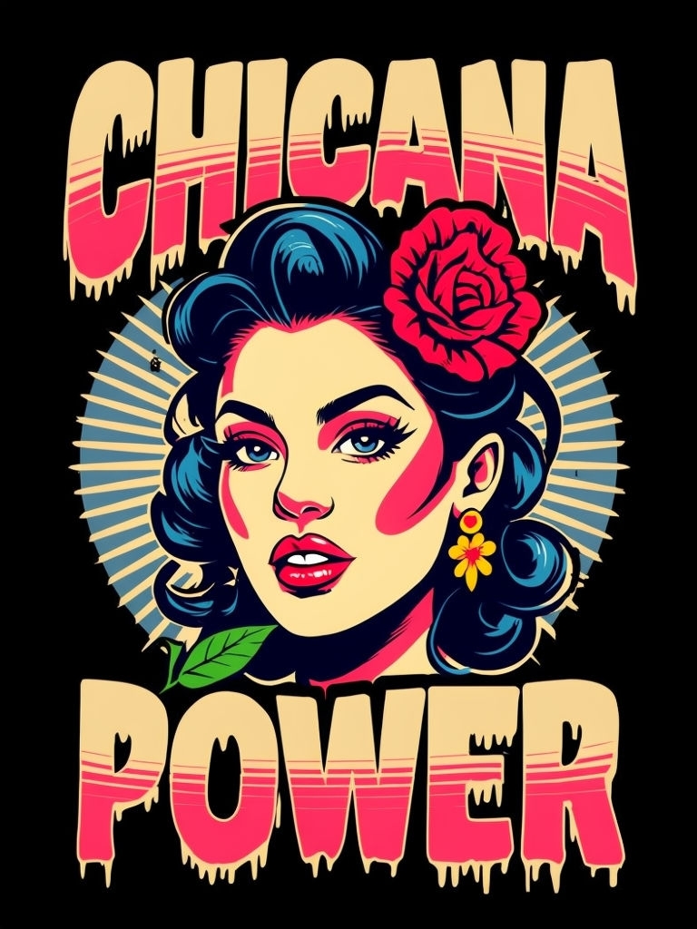 Empowering Chicana Woman Portrait with Bold Text T-Shirt