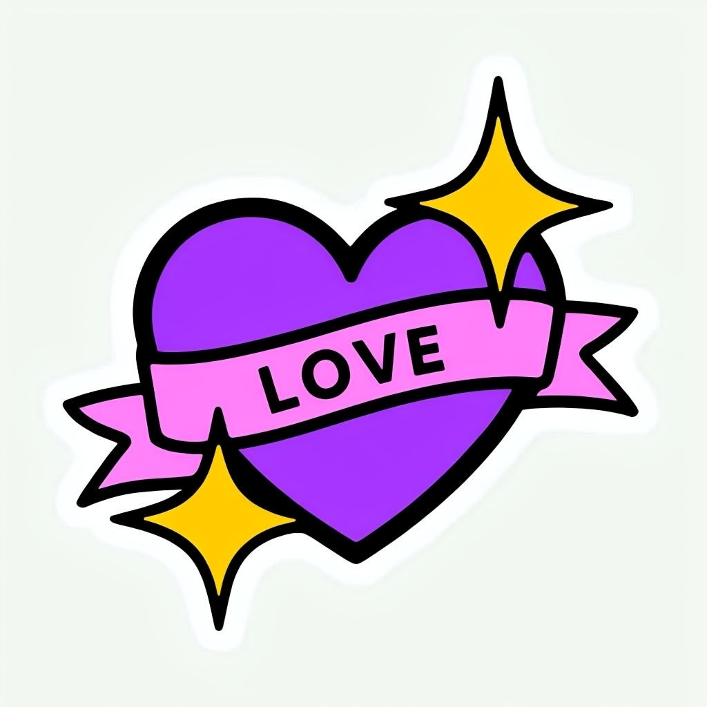 Bold Violet Heart with Yellow Sparks and Love Ribbon Sticker