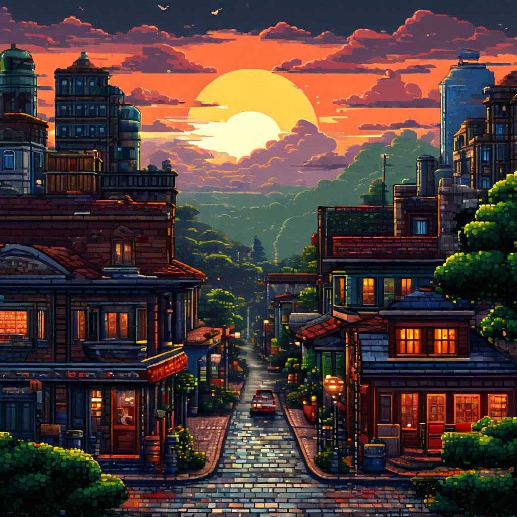 night city in Japan. Game – pixel art style like in old games of the 90s