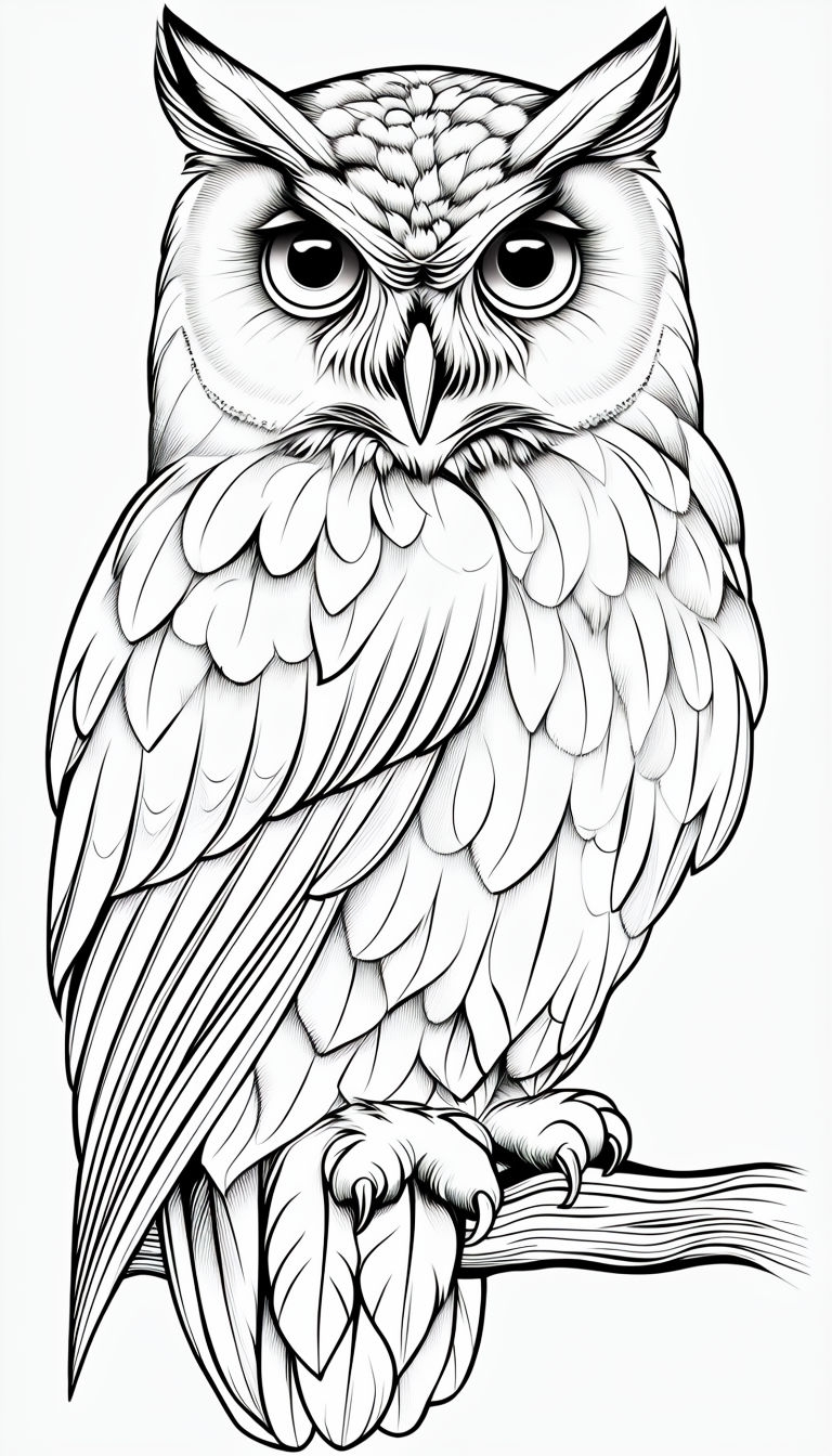 Detailed Owl Perched on Branch Coloring Book Page