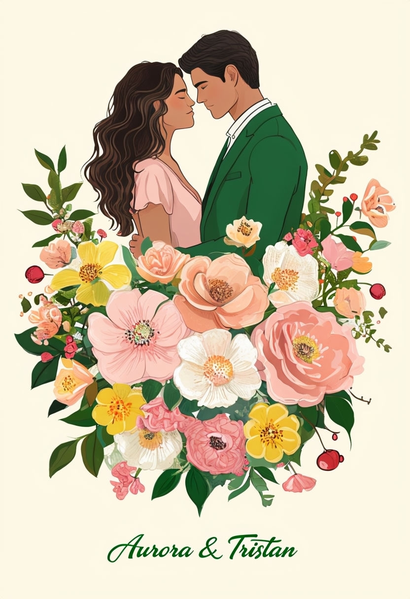 Romantic Aurora and Tristan Embrace Floral Illustration Sign