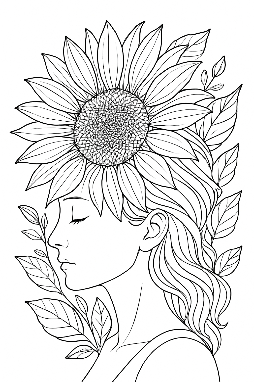 Serene Woman's Profile with Sunflower and Leaves Coloring Page