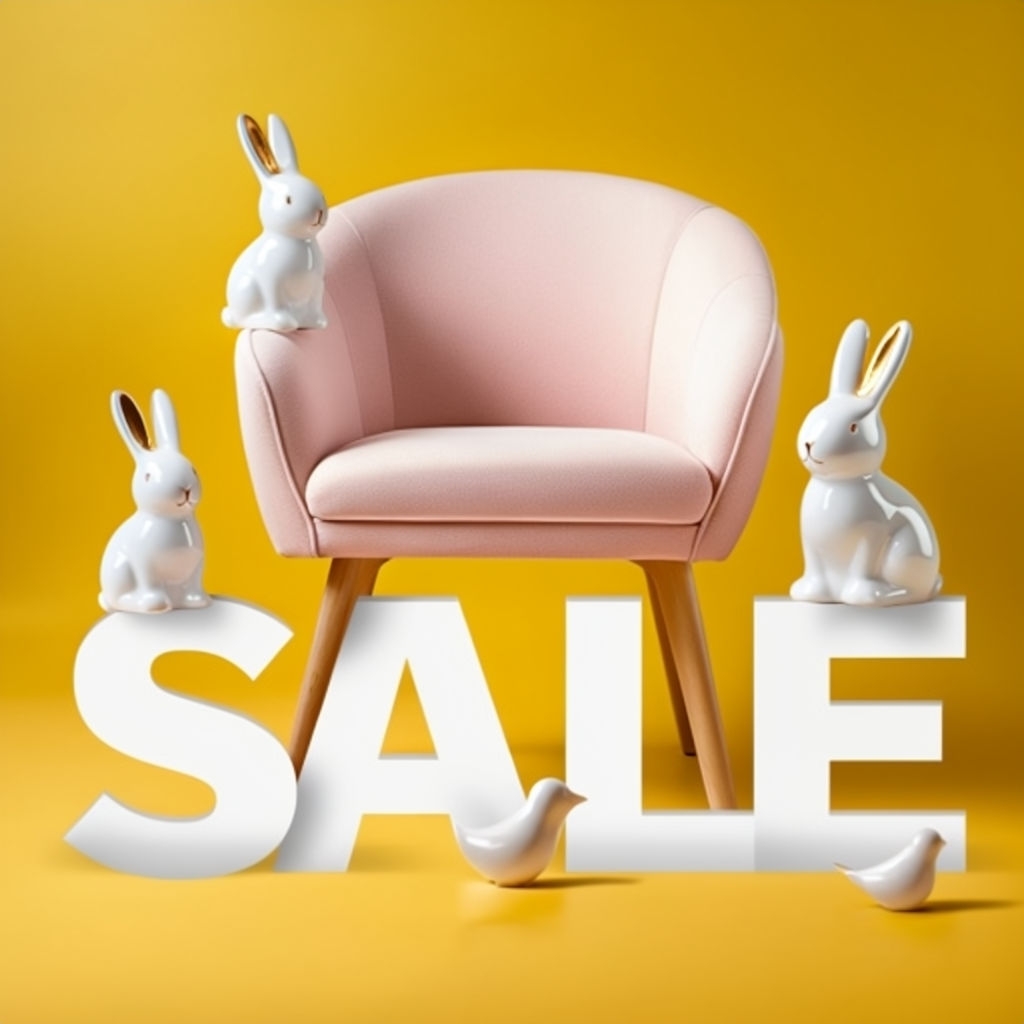 Modern Minimalist Chair Sale Advertisement with Festive Bunnies Social Media Post