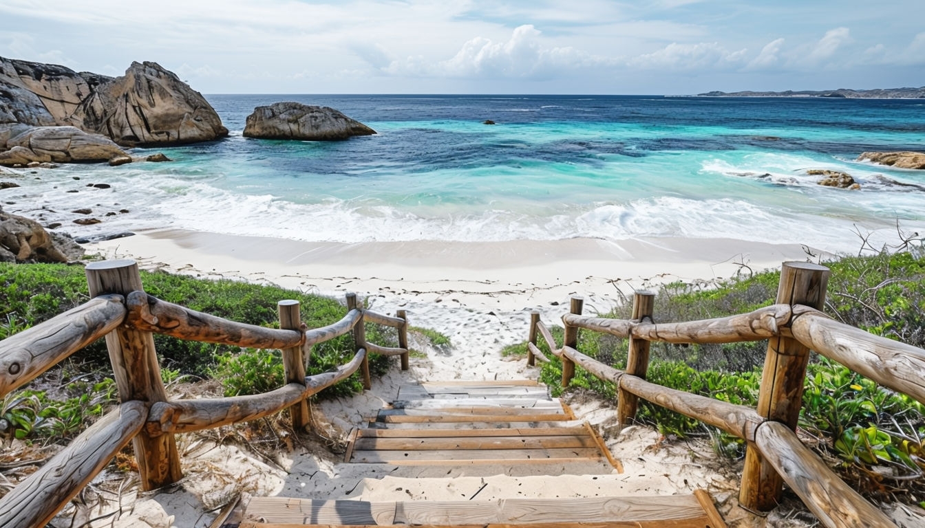 Serene Beach Scene with Wooden Stairs Leading to Sandy Shore Virtual Backgrounds