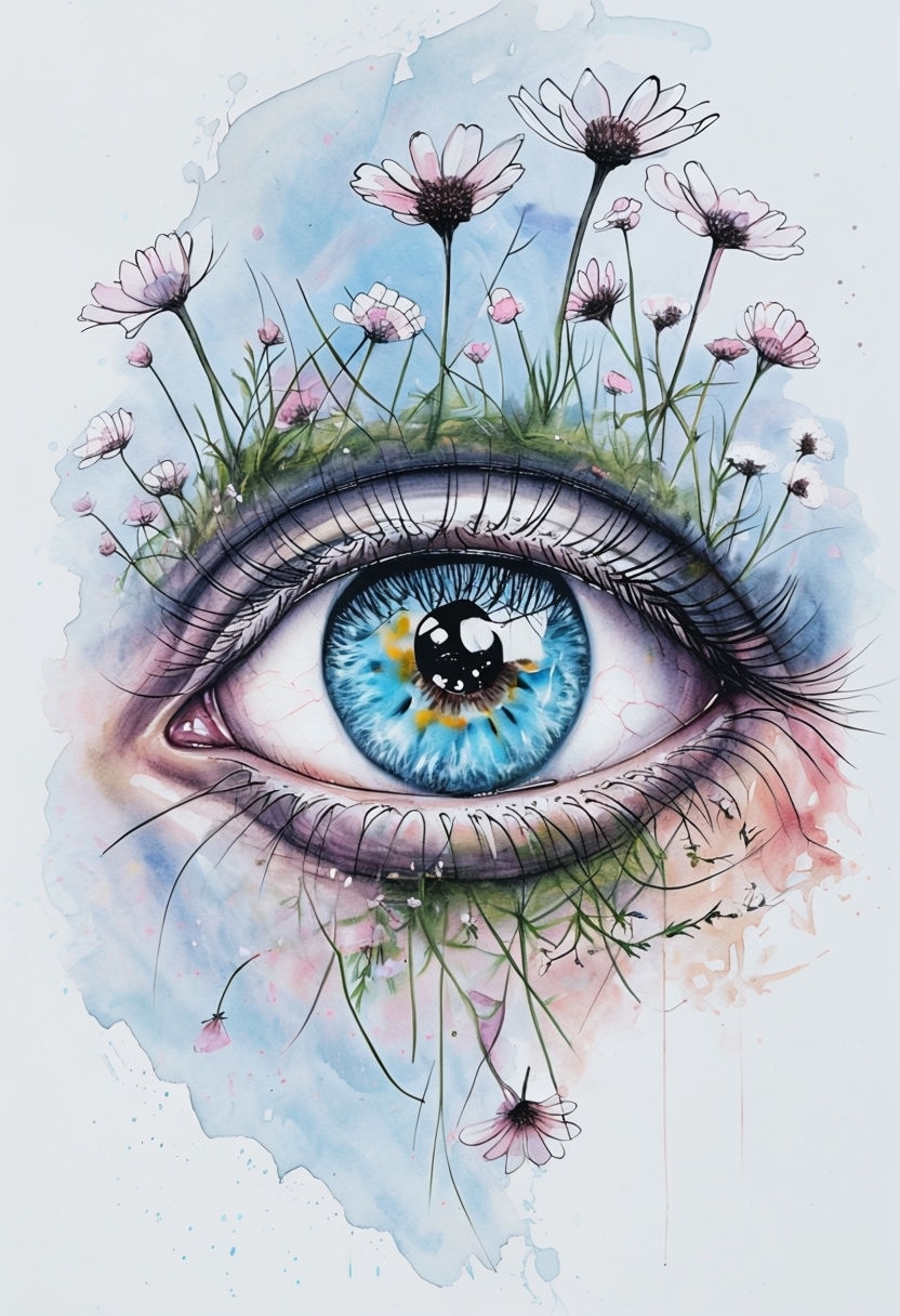 Surreal Human Eye with Floral Surrounding Watercolor Art