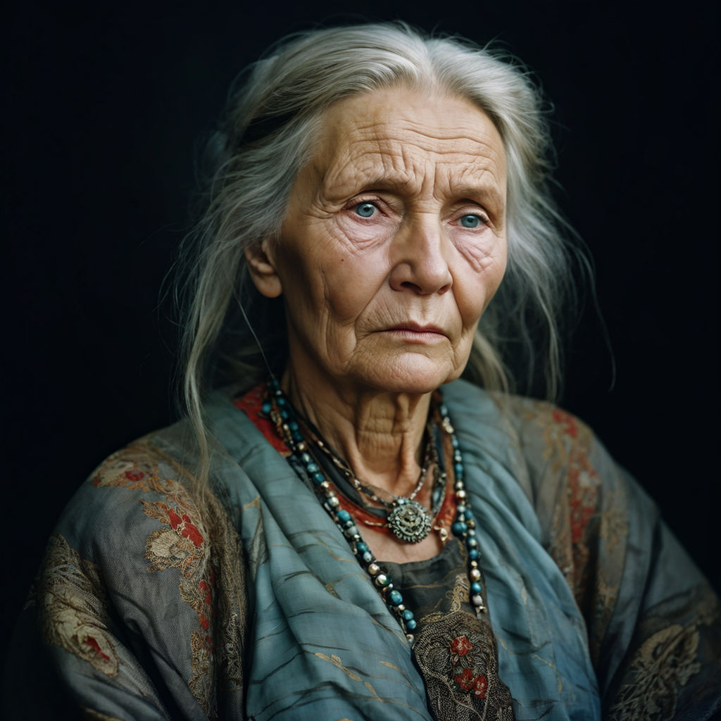 Intricate half body portrait of a very old Caucasian woman with wrinkles