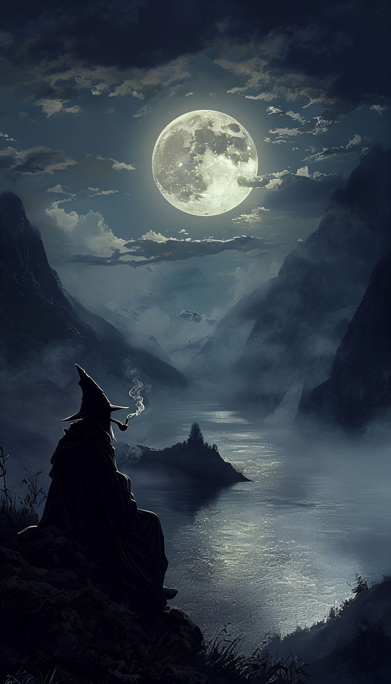 Mysterious Moonlit Night Cloaked Figure Fantasy Mobile Wallpaper