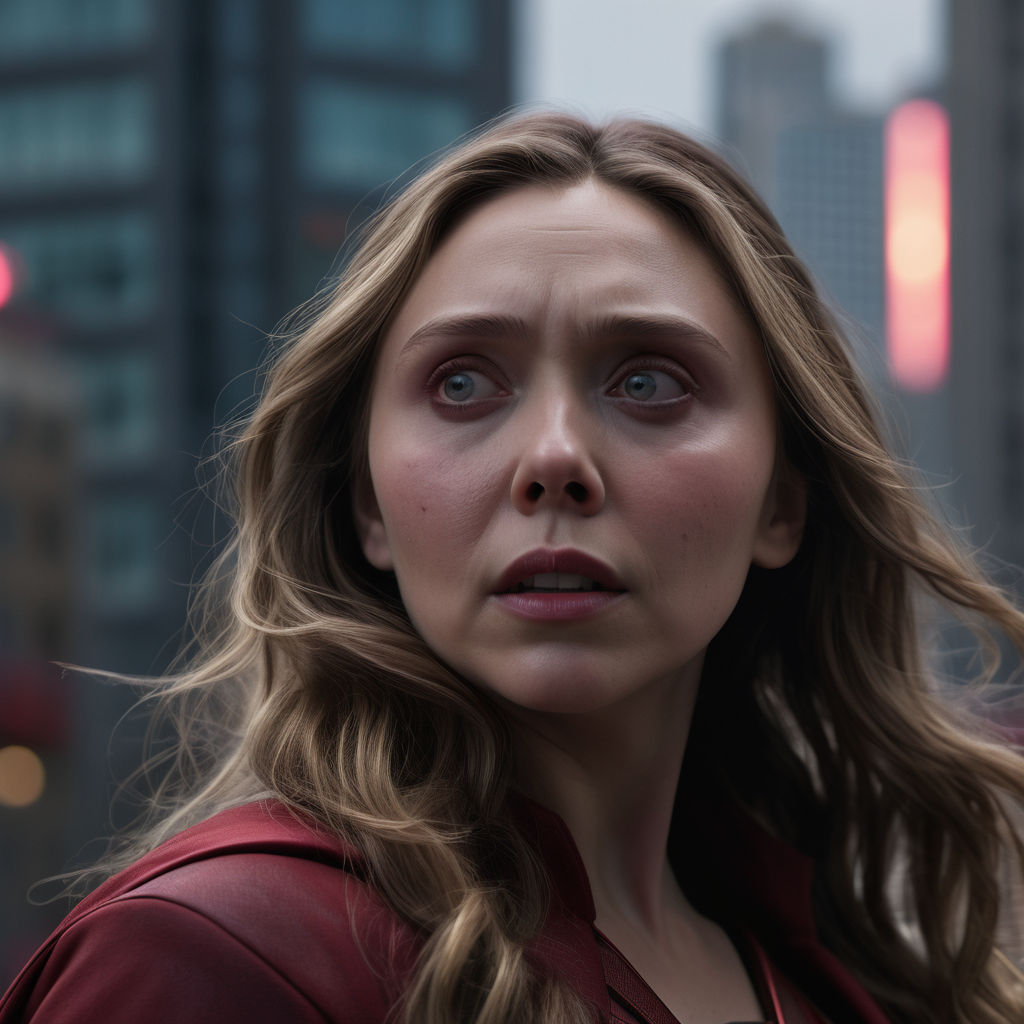 Actress Elizabeth Olsen wearing as character Scarlet Witch with big breasts  and big ass