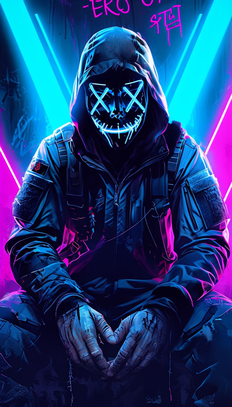 Mysterious Neon Masked Figure in Cyberpunk Artwork Mobile Wallpaper