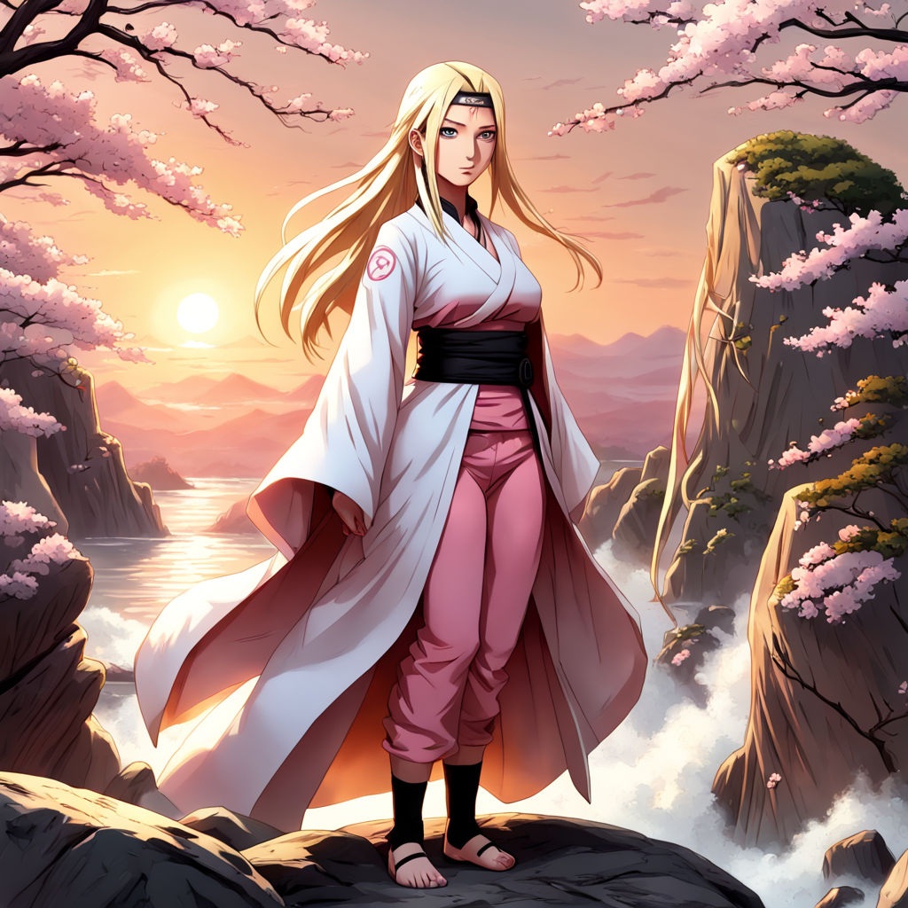 giving her a casual yet distinct appearance. Stature and Poise: Tsunade  stands tall and with a commanding presence. Her posture exudes confidence  and strength