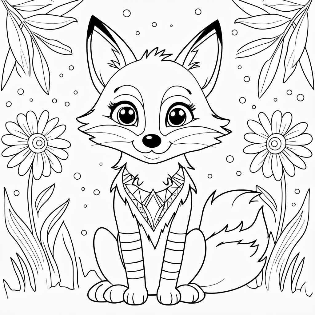 Cheerful Cartoon Fox Among Flowers Coloring Page Art