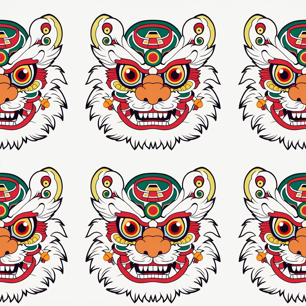 Vibrant Chinese Lion Masks Symmetrical Seamless Pattern