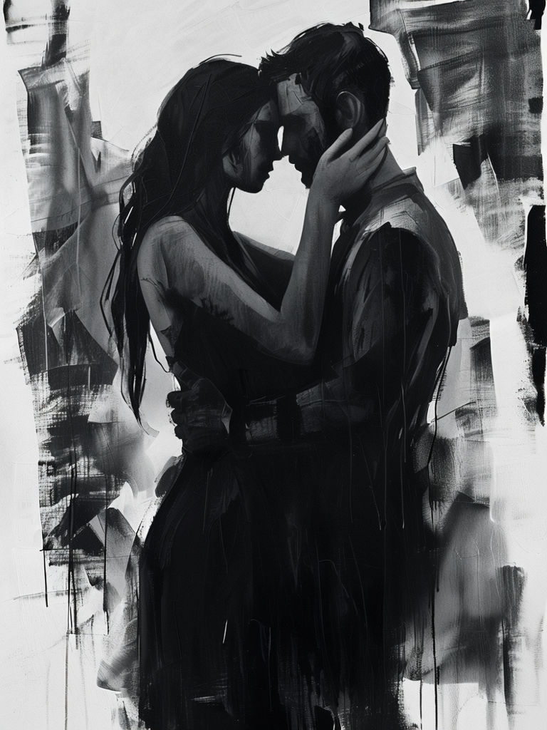 Intimate Black-and-White Expressionist Embrace Painting Art