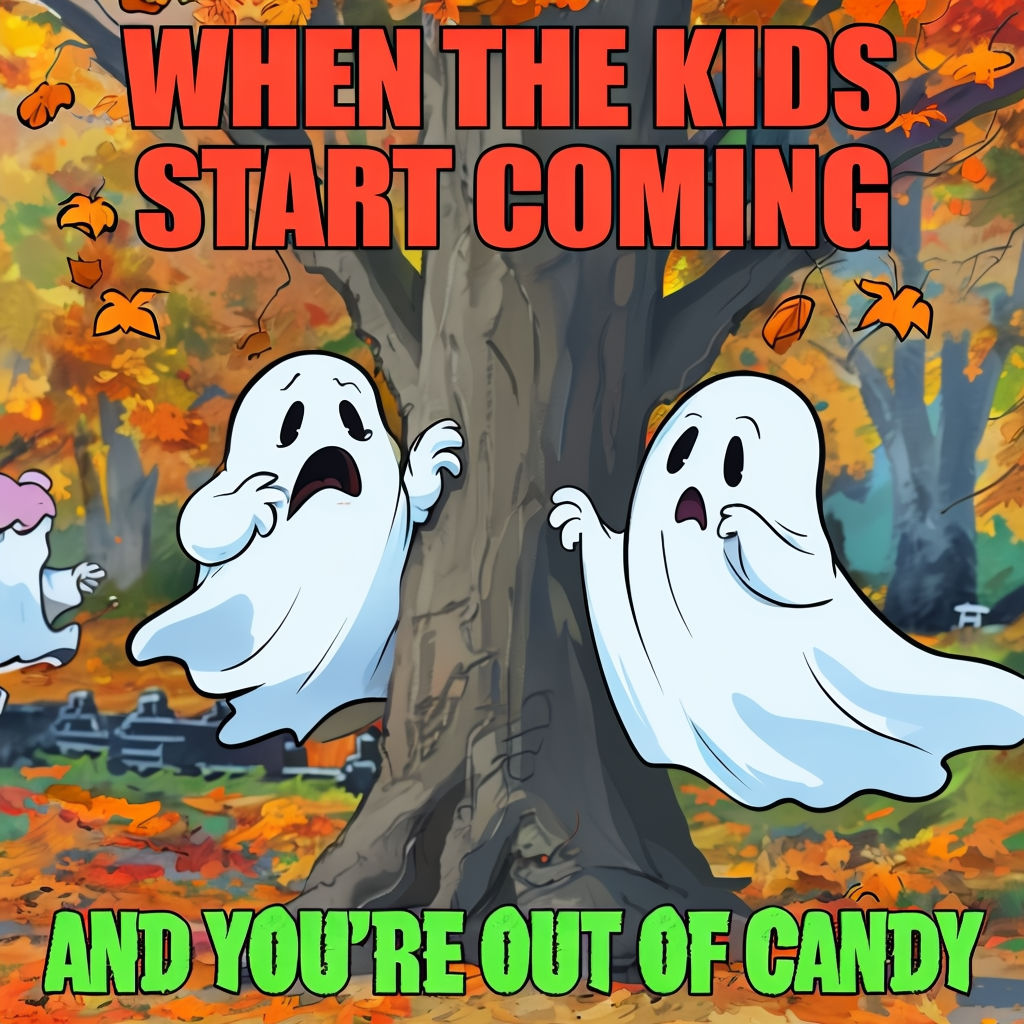 Funny Halloween Meme of Ghosts Peeking at Trick-or-Treaters