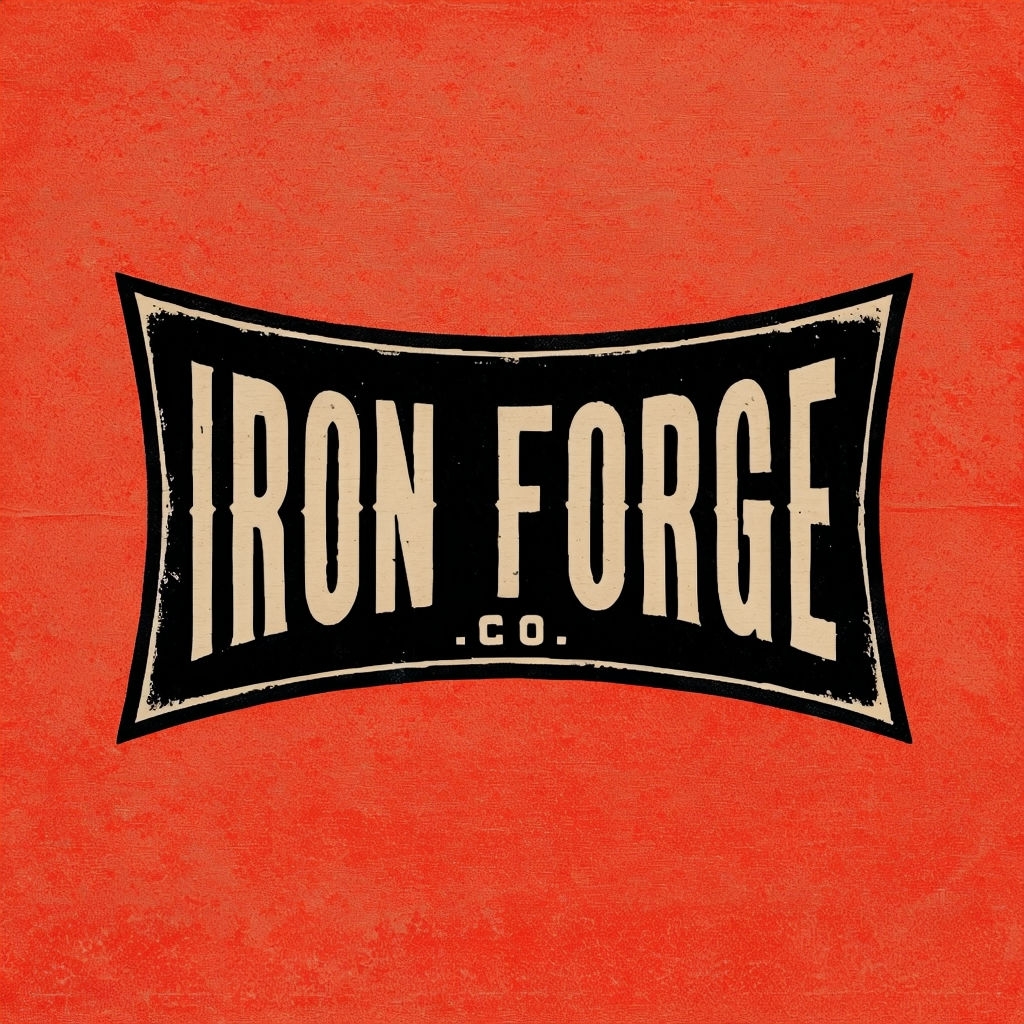 Vintage Iron Forge Co. Logo Design on Deep Orange Background Logo