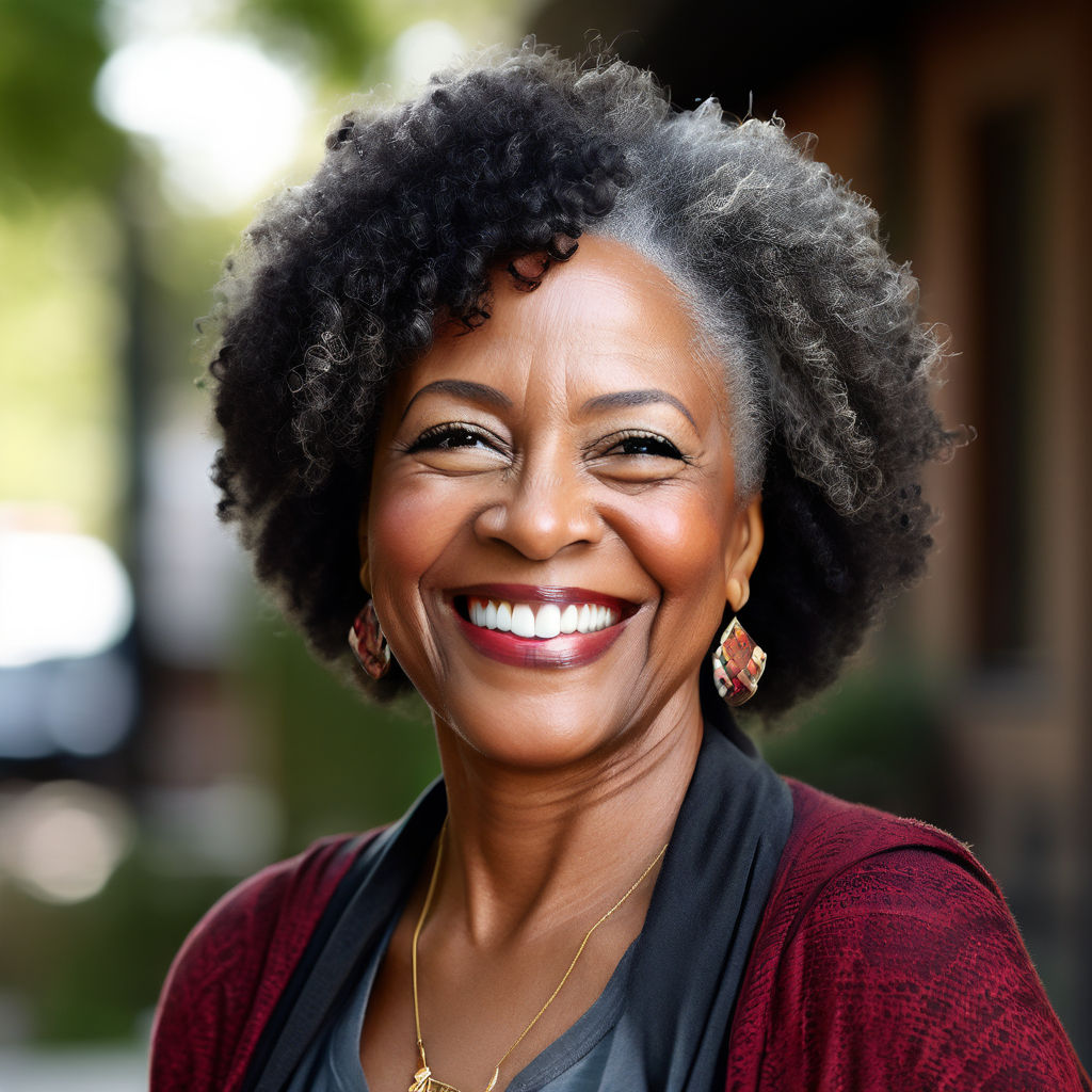 Photo realistic older black woman natural smiling outdoors by Derik