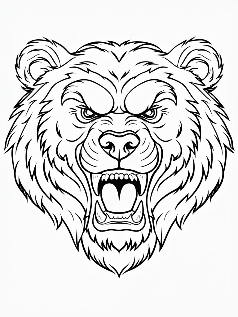 Fierce Bear Head Black and White Line Drawing Coloring Page