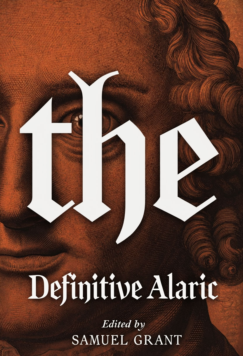 The Definitive Alaric Book Cover with Gothic Text and Engraved Background EBook Cover