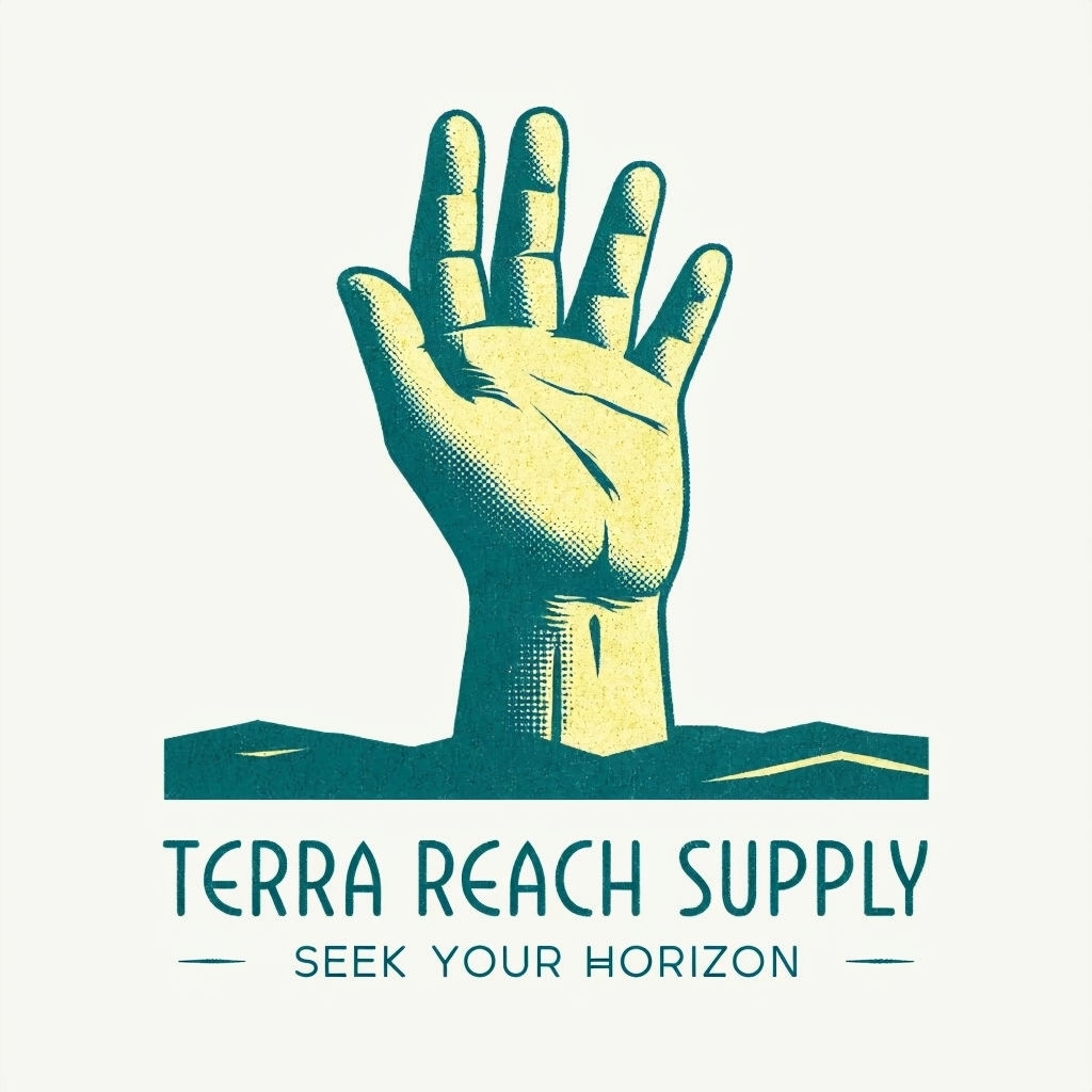 Vintage Inspired Terra Reach Supply Logo Design with Hand Element Logo
