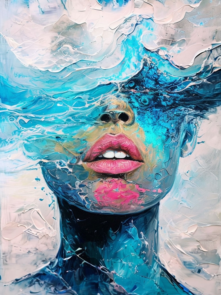 Vibrant Abstract Human Face with Oceanic Textures Painting Art