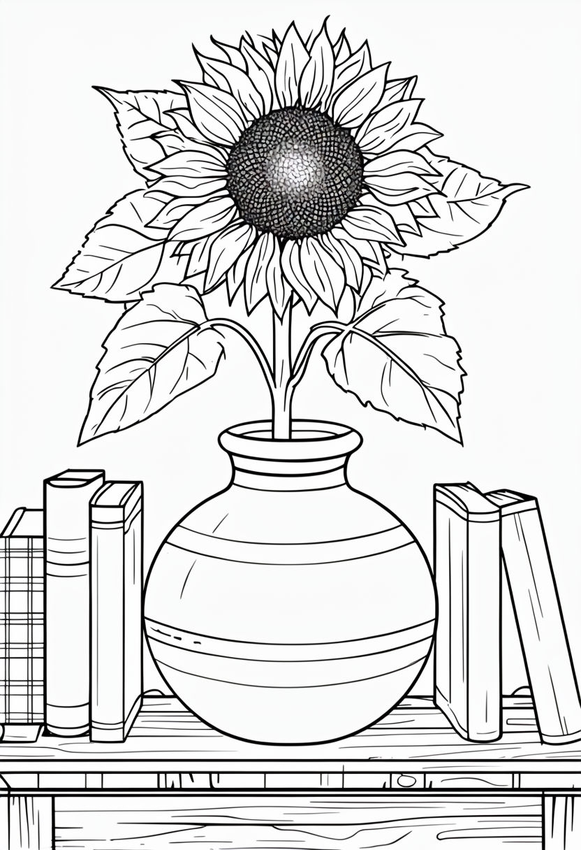 Intricate Black and White Sunflower Still Life Coloring Page