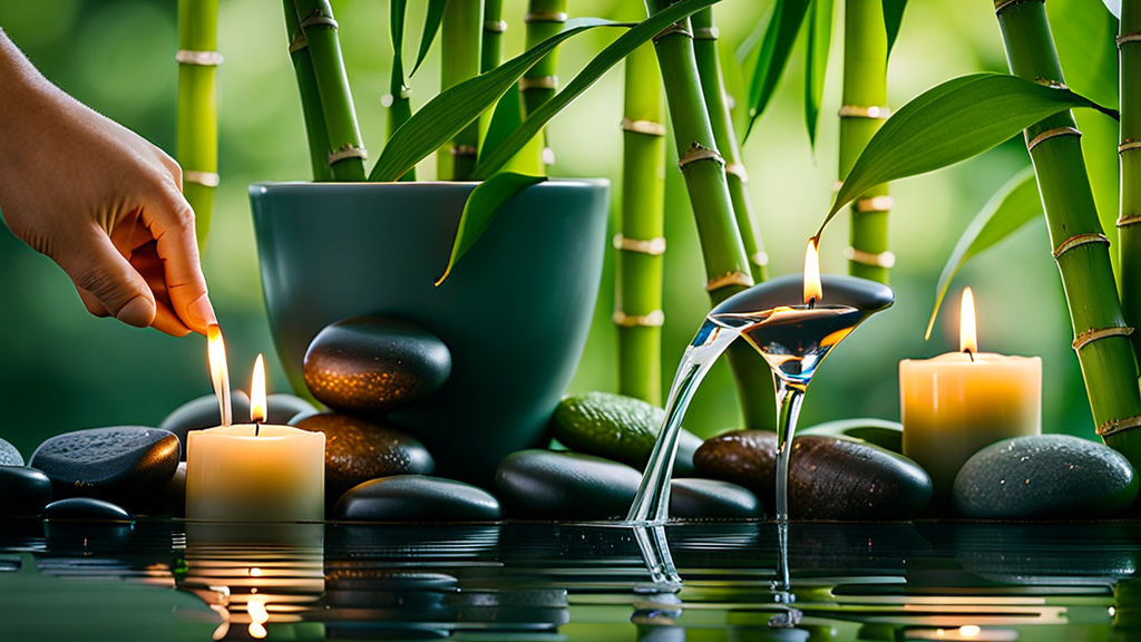 macro photography of a bamboo water fountain in nature. surrounded by small stones, flowers, candles, small plants, candles, and bamboo leaves. Zen stones. Miki Asai's macro photography technique stands out, focusing on intricate details and sharp focus. The image is gaining attention on ArtStation and is attributed to Greg Rutkowski, background bamboo tree and bamboo leaves, mornig, Miki Asai Macro photography, close-up, hyper detailed, trending on artstation, sharp focus, studio photo, intricate details, highly detailed, by greg rutkowski