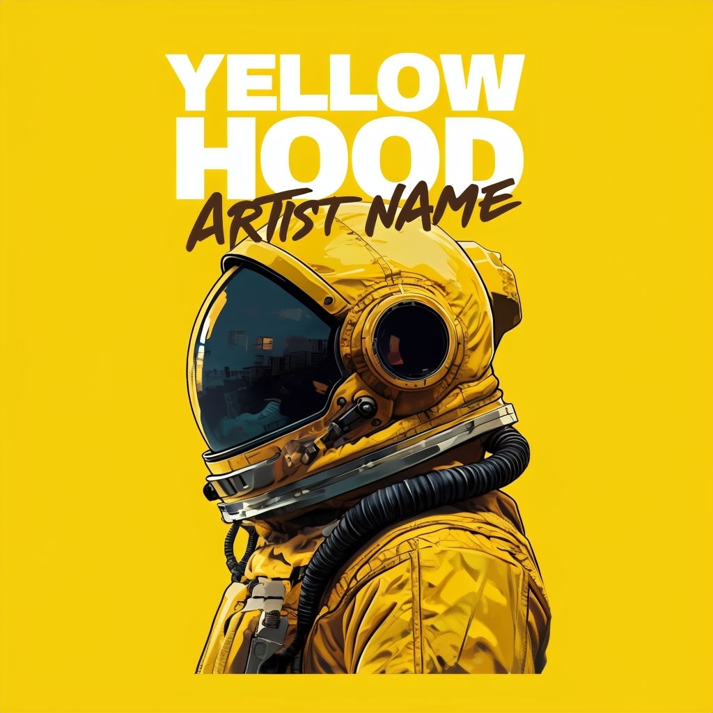 Vibrant Yellow Astronaut Illustration with Retro Futuristic Design Spotify Album Cover