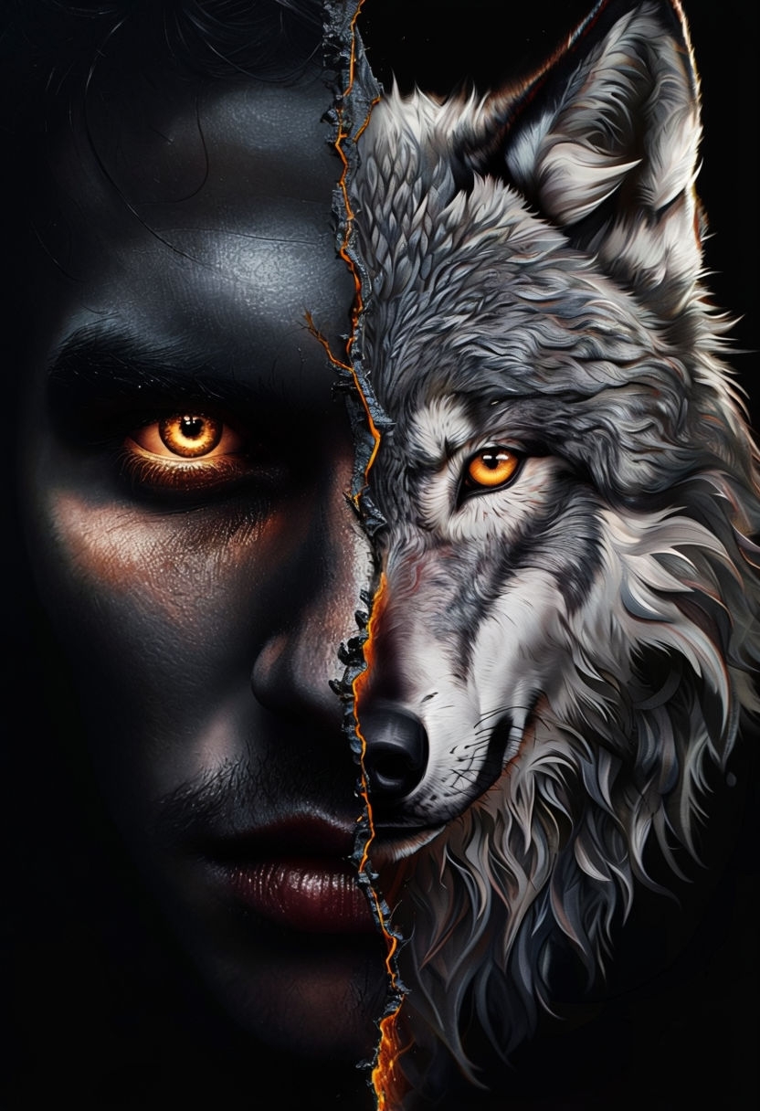 Duality of Man and Wolf Symmetrical Artwork Poster