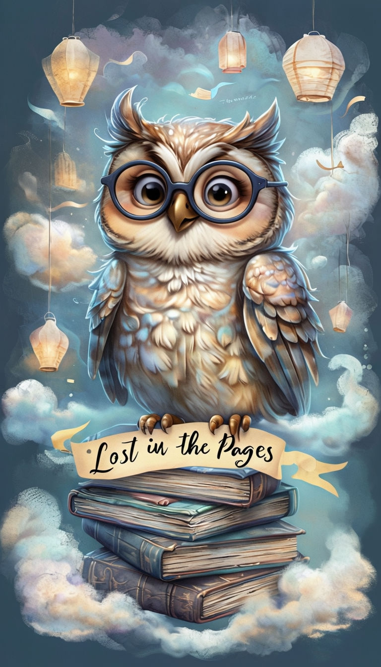 Whimsical Owl Illustration with Vintage Books and Floating Lanterns Art