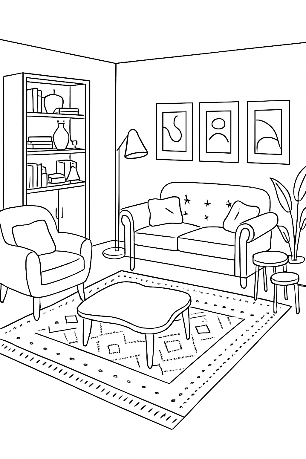 Modern Minimalist Living Room Line Drawing Coloring Page