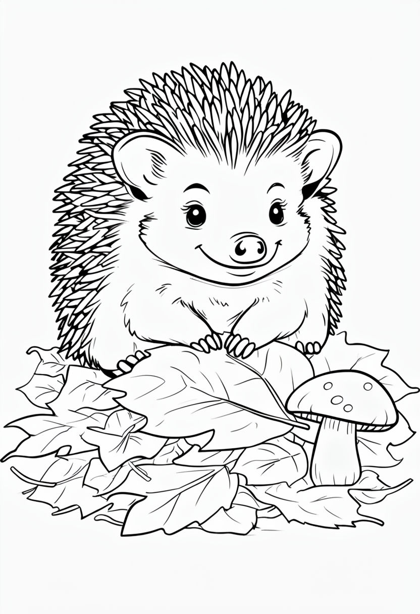 Cute Hedgehog with Leaves and Mushroom Coloring Page