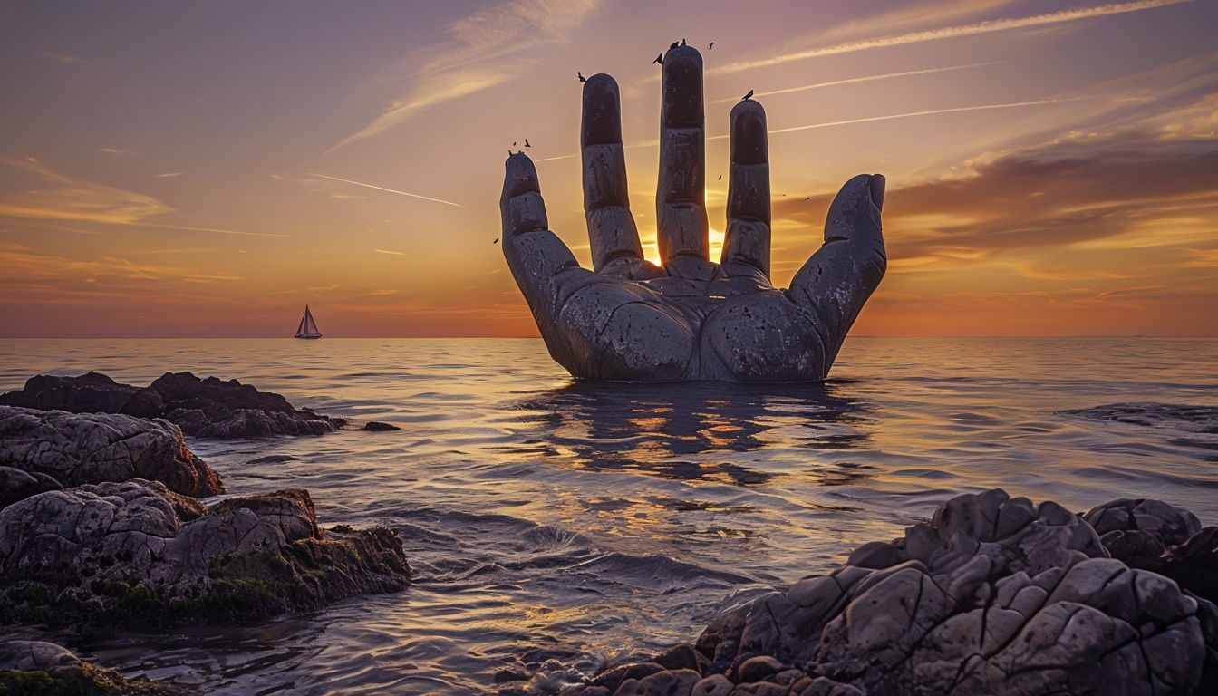 Majestic Sunset Over Ocean with Stone Hand Sculpture Background