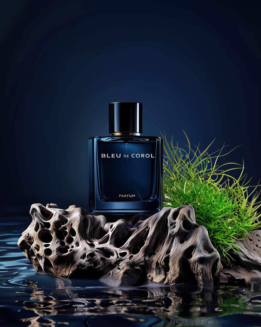 Luxurious BLEU DE COROL Perfume on Driftwood Photography Ad