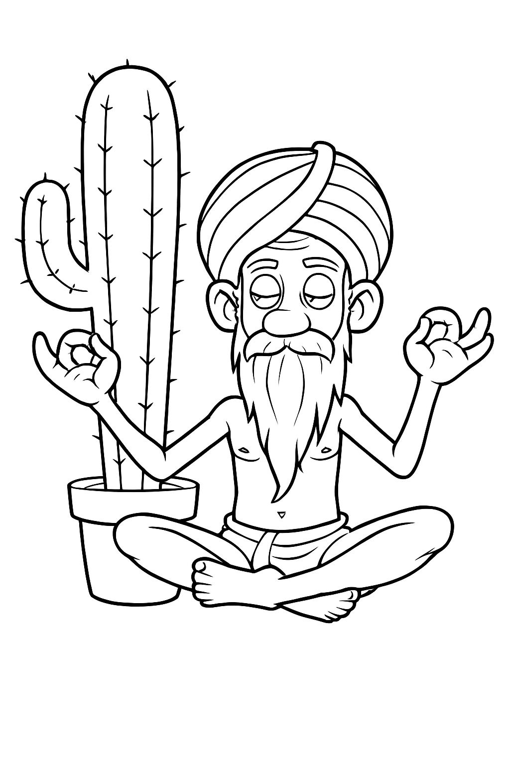 Elderly Man Meditating with Cactus Line Drawing Coloring Page