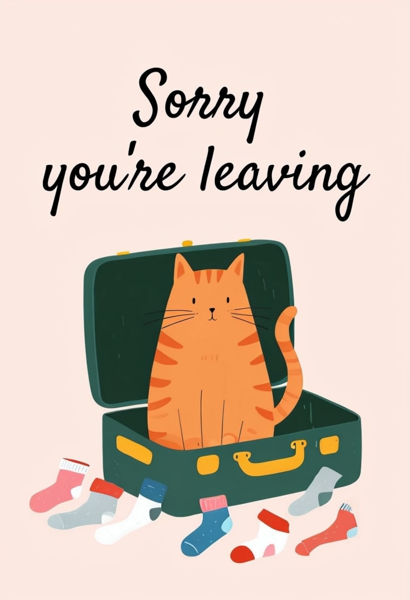Whimsical Farewell Greeting Card with Playful Cat in Suitcase Design Cards & Invites