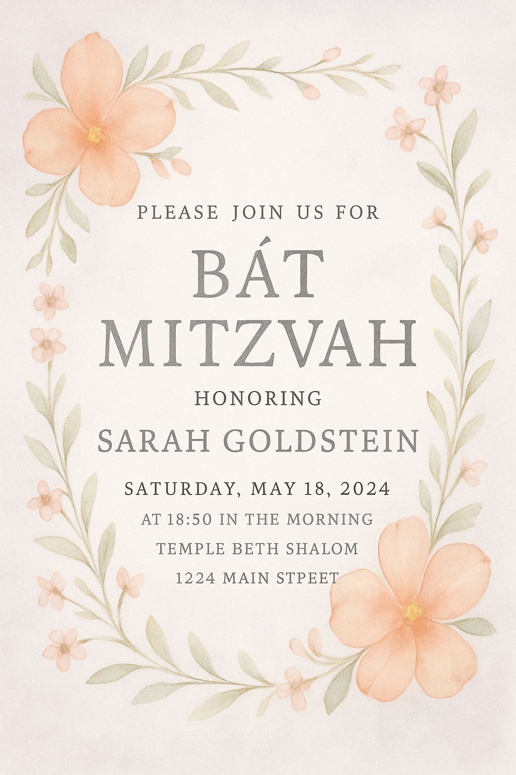 Elegant Bat Mitzvah Invitation Card for Sarah Goldstein Celebration