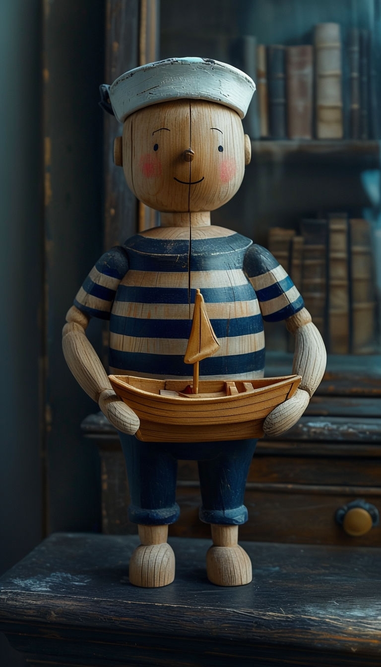 Whimsical Sailor Wooden Figure Digital Art with Toy Boat Sculpture Art