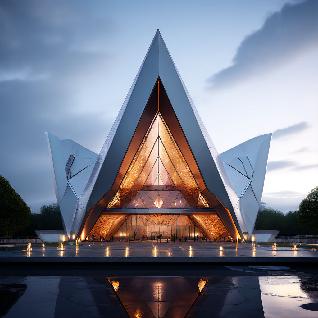 A futuristic building with a triangular roof in an elevated ... by ...