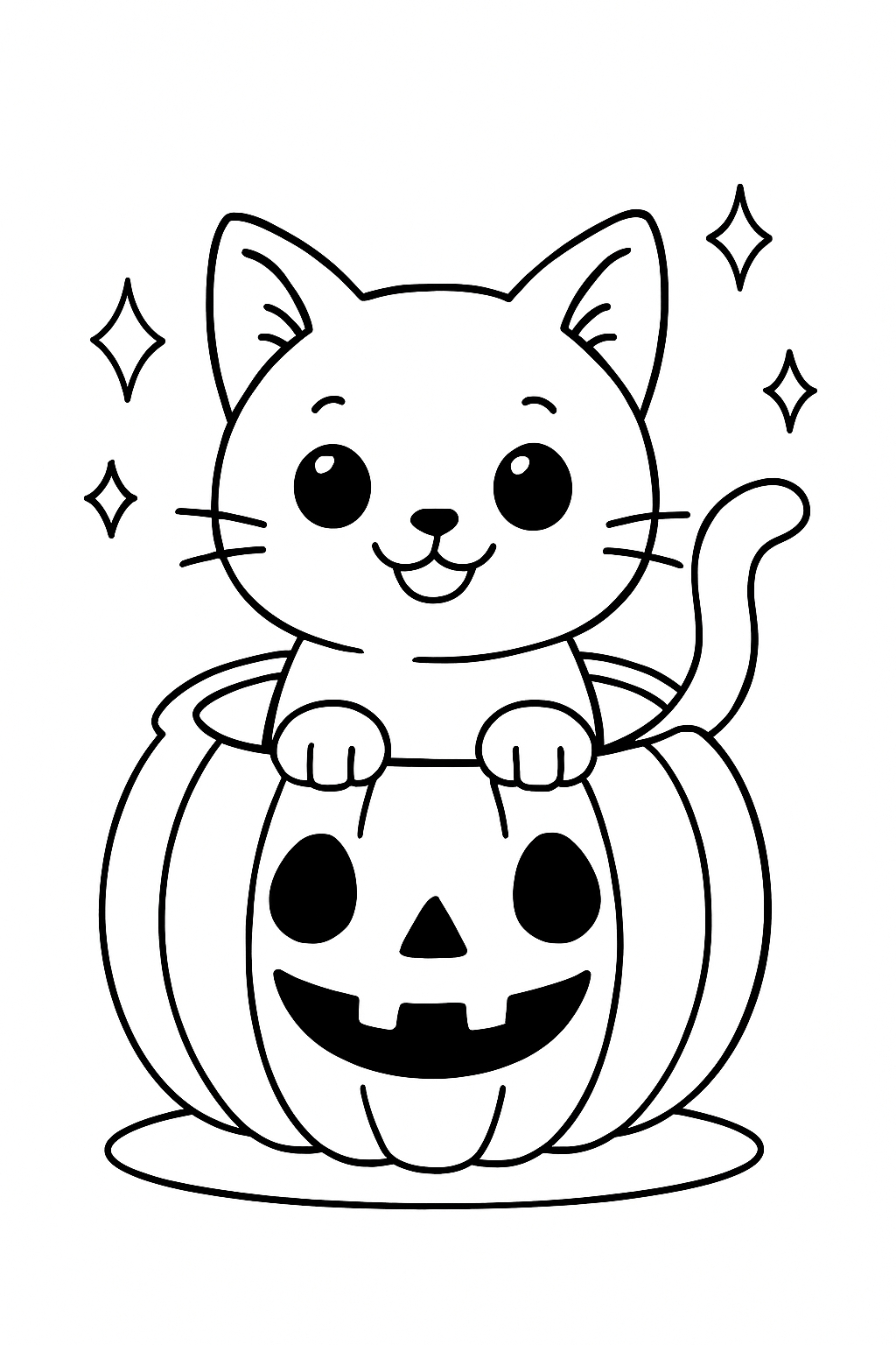 Cute Cartoon Cat Inside Pumpkin Coloring Book Page