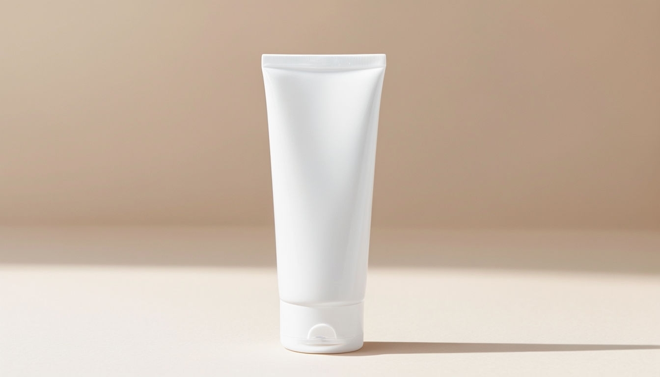 Minimalist White Squeeze Tube Display on Beige Surface Mockup