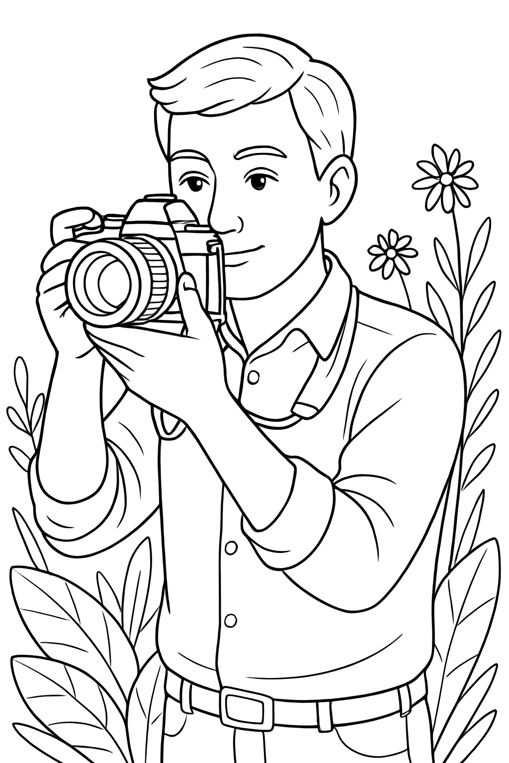 Young Man with DSLR Camera and Floral Background Coloring Book Pages