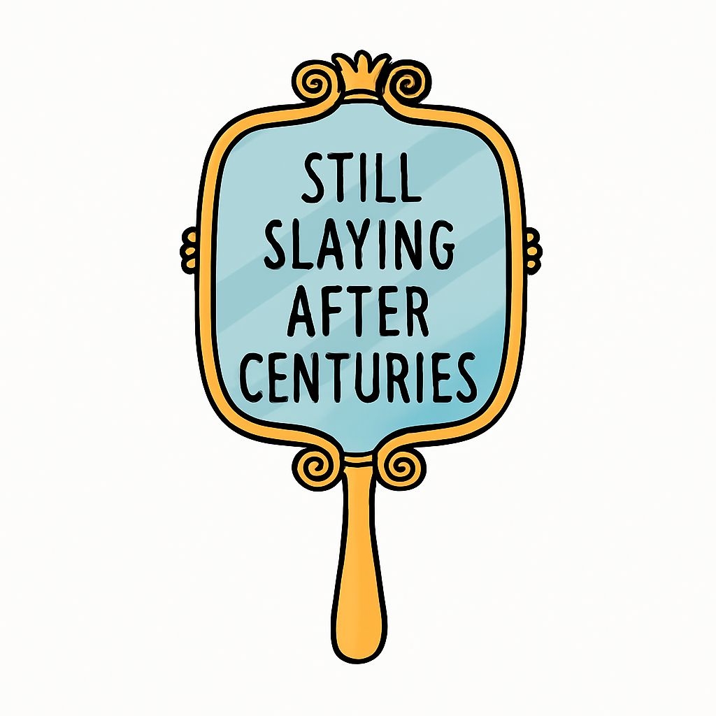 Ornate Cartoon Hand Mirror with Playful Quote Sticker