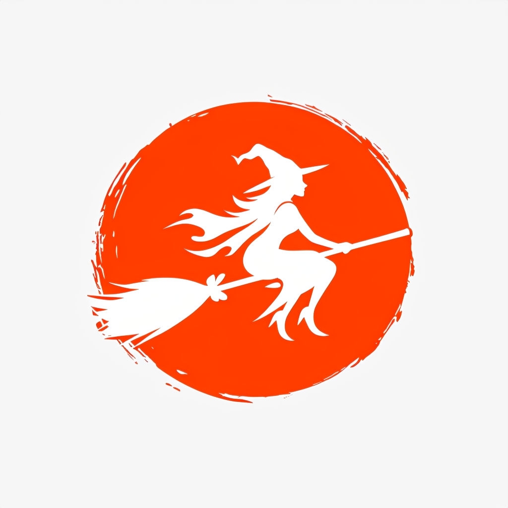 Minimalist Witch Riding Broomstick Illustration on Orange Mug