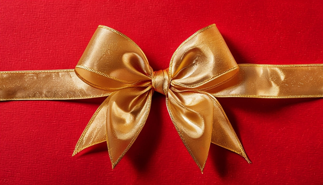 Elegant Gold Ribbon Bow Against Crimson Background Poster