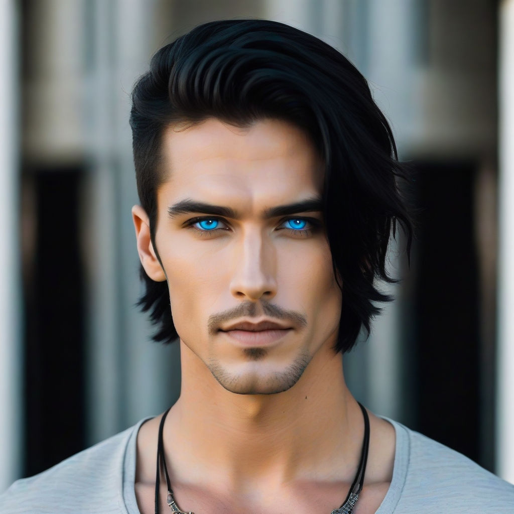 beautiful male face with blue eyes and black hair