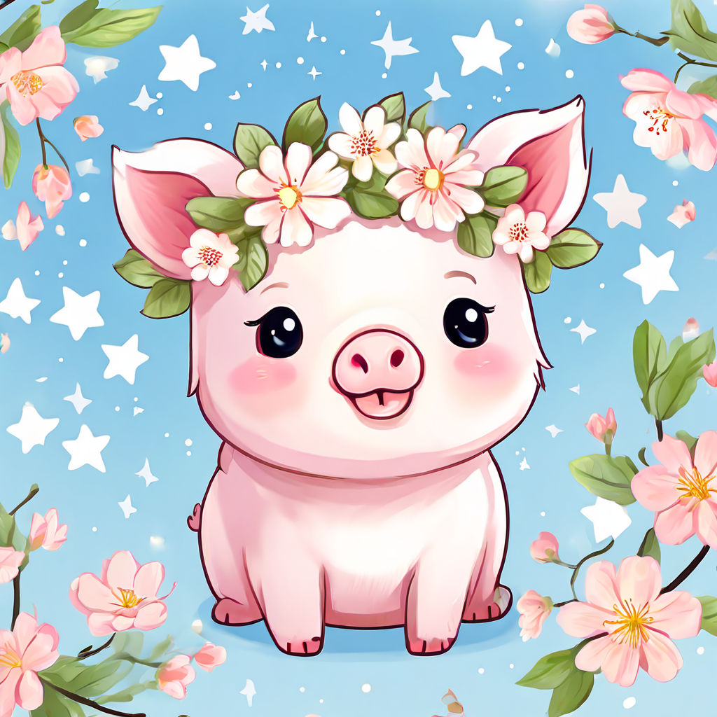 Kawaii blushing pig with flowering cherry blossom tree and g... by ...